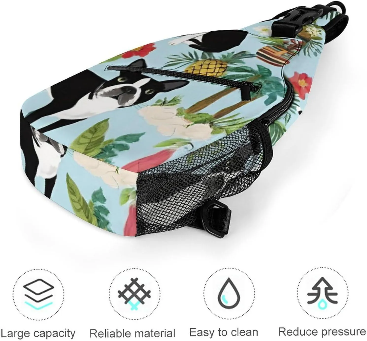 Casual Sling Backpack, Backpacking, Boston Terrier Dog Palm Trees Art Shoulder Chest Crossbody Bag, Camera Case, Casual Carrying Tote Case Crossbody Travel Bag for Men Women