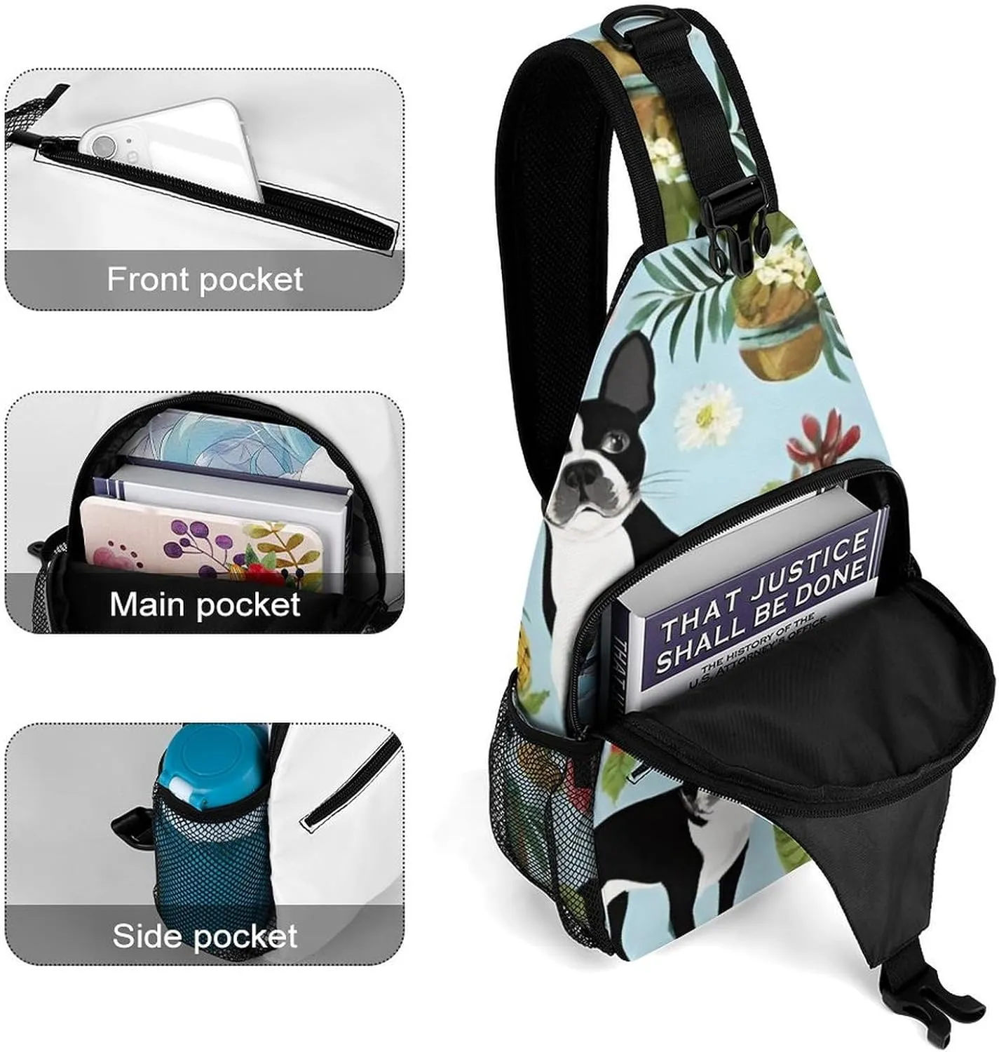 Casual Sling Backpack, Backpacking, Boston Terrier Dog Palm Trees Art Shoulder Chest Crossbody Bag, Camera Case, Casual Carrying Tote Case Crossbody Travel Bag for Men Women