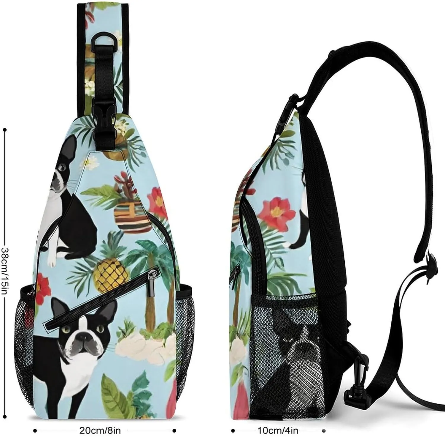 Casual Sling Backpack, Backpacking, Boston Terrier Dog Palm Trees Art Shoulder Chest Crossbody Bag, Camera Case, Casual Carrying Tote Case Crossbody Travel Bag for Men Women