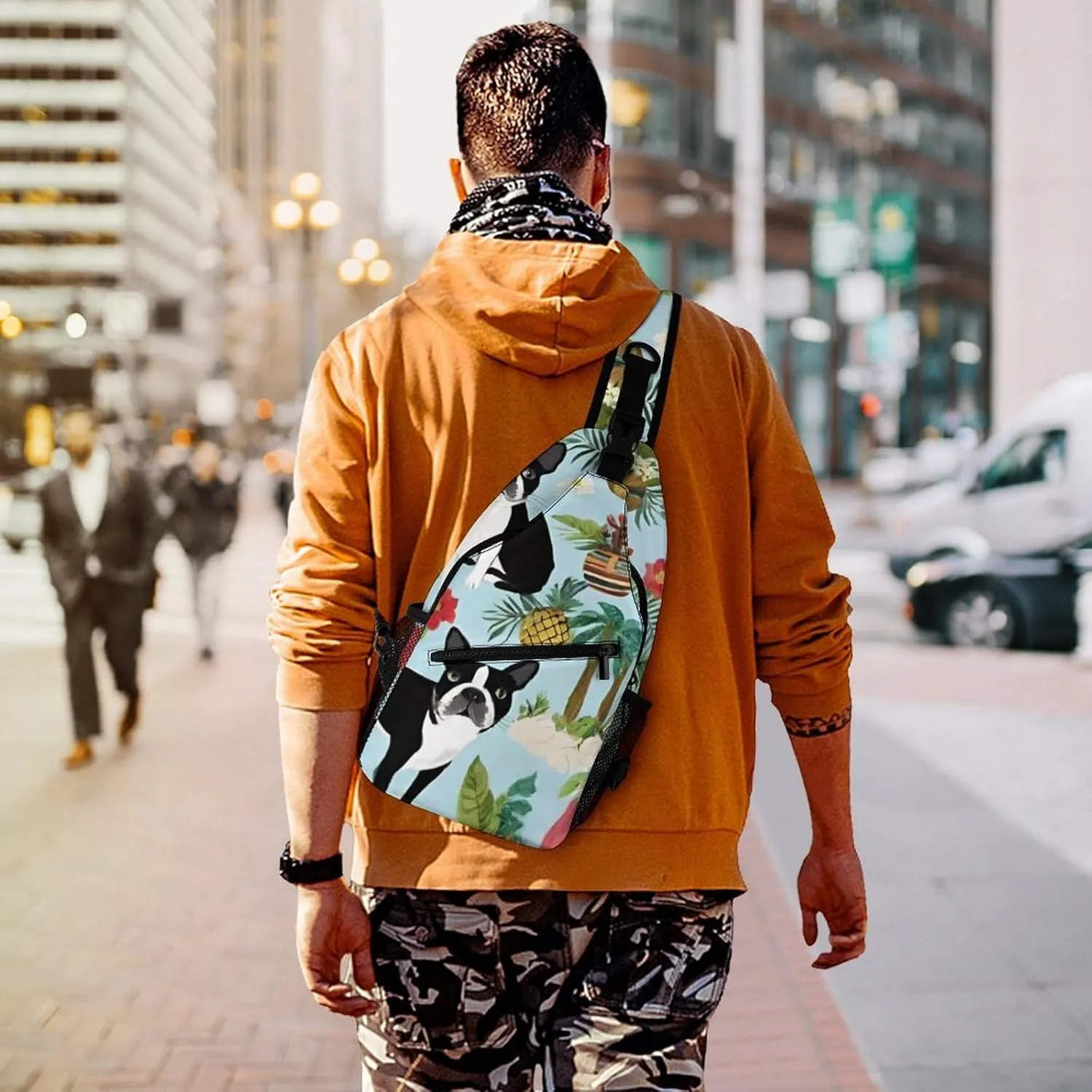 Casual Sling Backpack, Backpacking, Boston Terrier Dog Palm Trees Art Shoulder Chest Crossbody Bag, Camera Case, Casual Carrying Tote Case Crossbody Travel Bag for Men Women