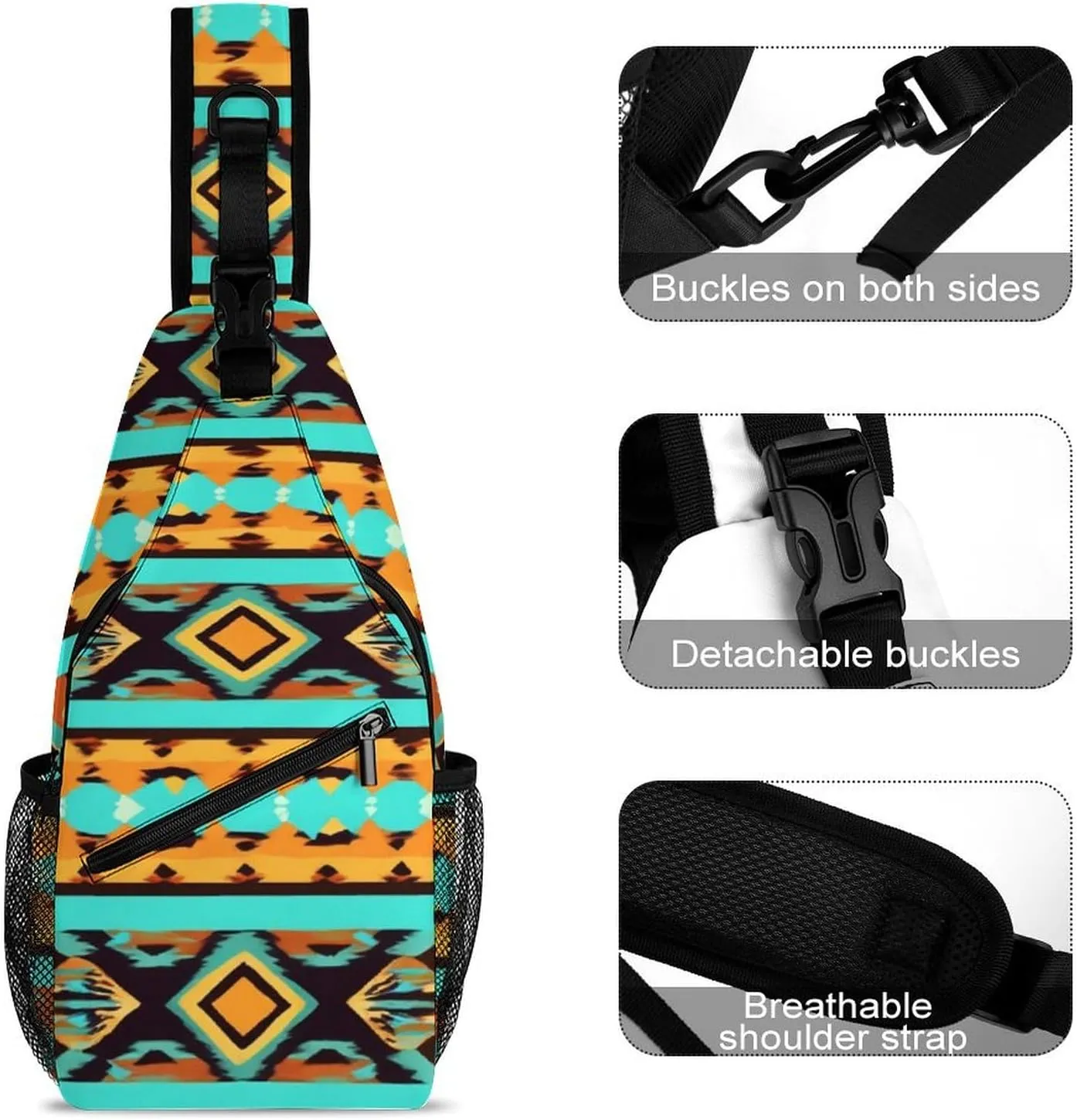 Casual Sling Bag Backpack, Daypack, Ethnic Aztec Turquoise Geometric Indiana Western Southwest Pattern Shoulder Chest Crossbody Bag, Tactical Satchel, Travel Backpack Camping Outdoor Bag for Men Women