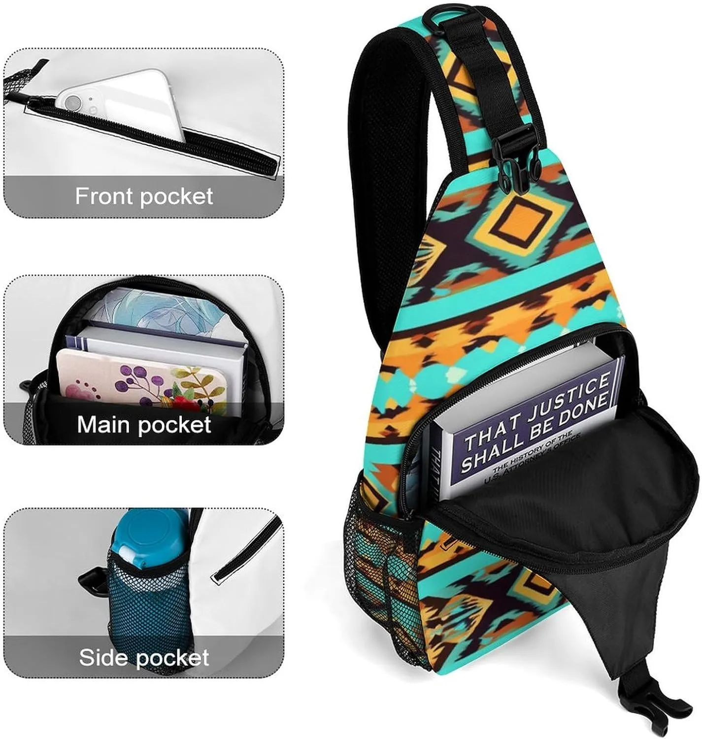 Casual Sling Bag Backpack, Daypack, Ethnic Aztec Turquoise Geometric Indiana Western Southwest Pattern Shoulder Chest Crossbody Bag, Tactical Satchel, Travel Backpack Camping Outdoor Bag for Men Women
