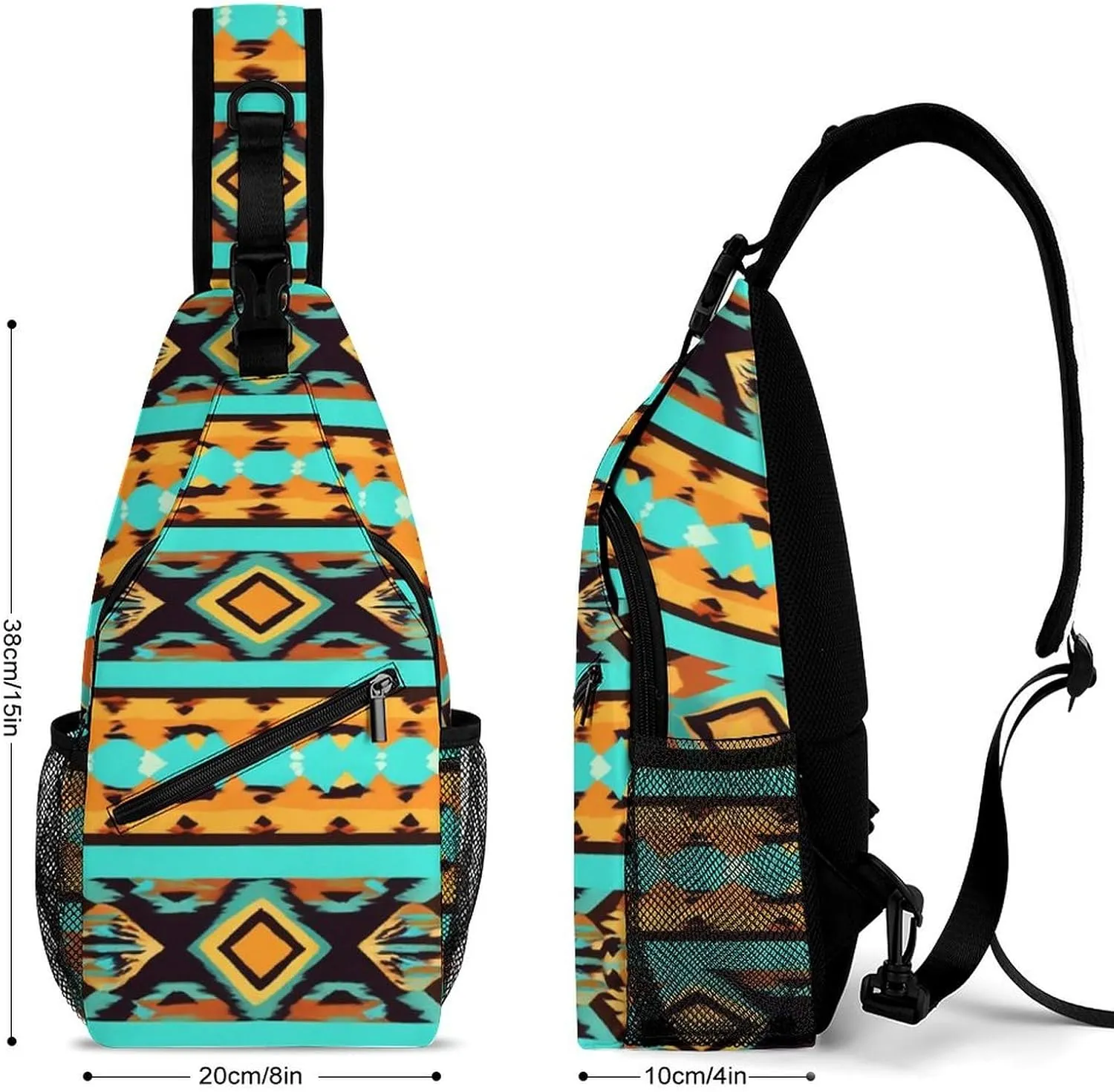 Casual Sling Bag Backpack, Daypack, Ethnic Aztec Turquoise Geometric Indiana Western Southwest Pattern Shoulder Chest Crossbody Bag, Tactical Satchel, Travel Backpack Camping Outdoor Bag for Men Women