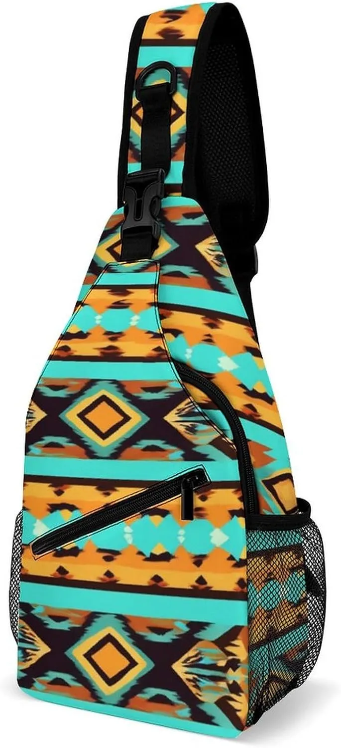 Casual Sling Bag Backpack, Daypack, Ethnic Aztec Turquoise Geometric Indiana Western Southwest Pattern Shoulder Chest Crossbody Bag, Tactical Satchel, Travel Backpack Camping Outdoor Bag for Men Women