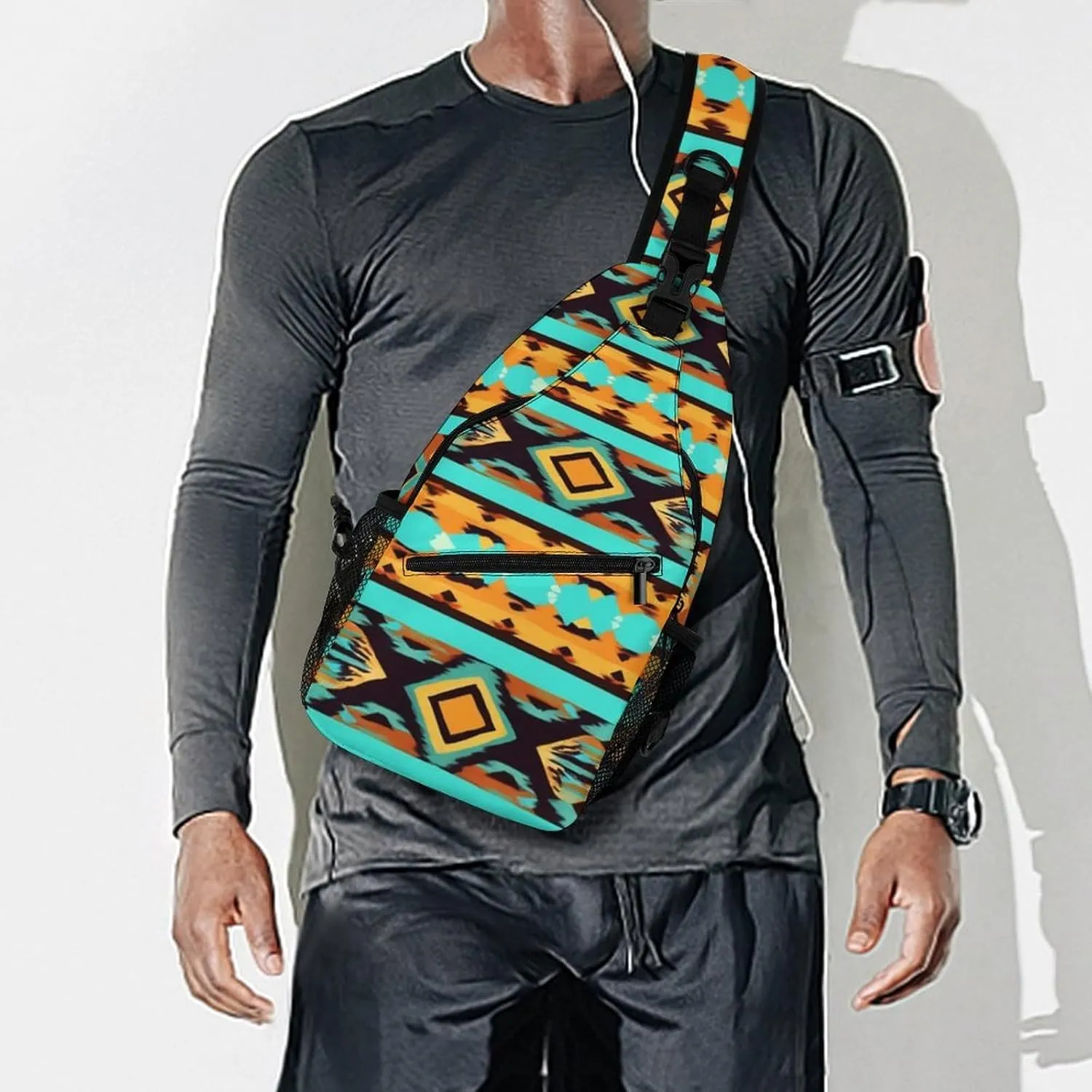 Casual Sling Bag Backpack, Daypack, Ethnic Aztec Turquoise Geometric Indiana Western Southwest Pattern Shoulder Chest Crossbody Bag, Tactical Satchel, Travel Backpack Camping Outdoor Bag for Men Women