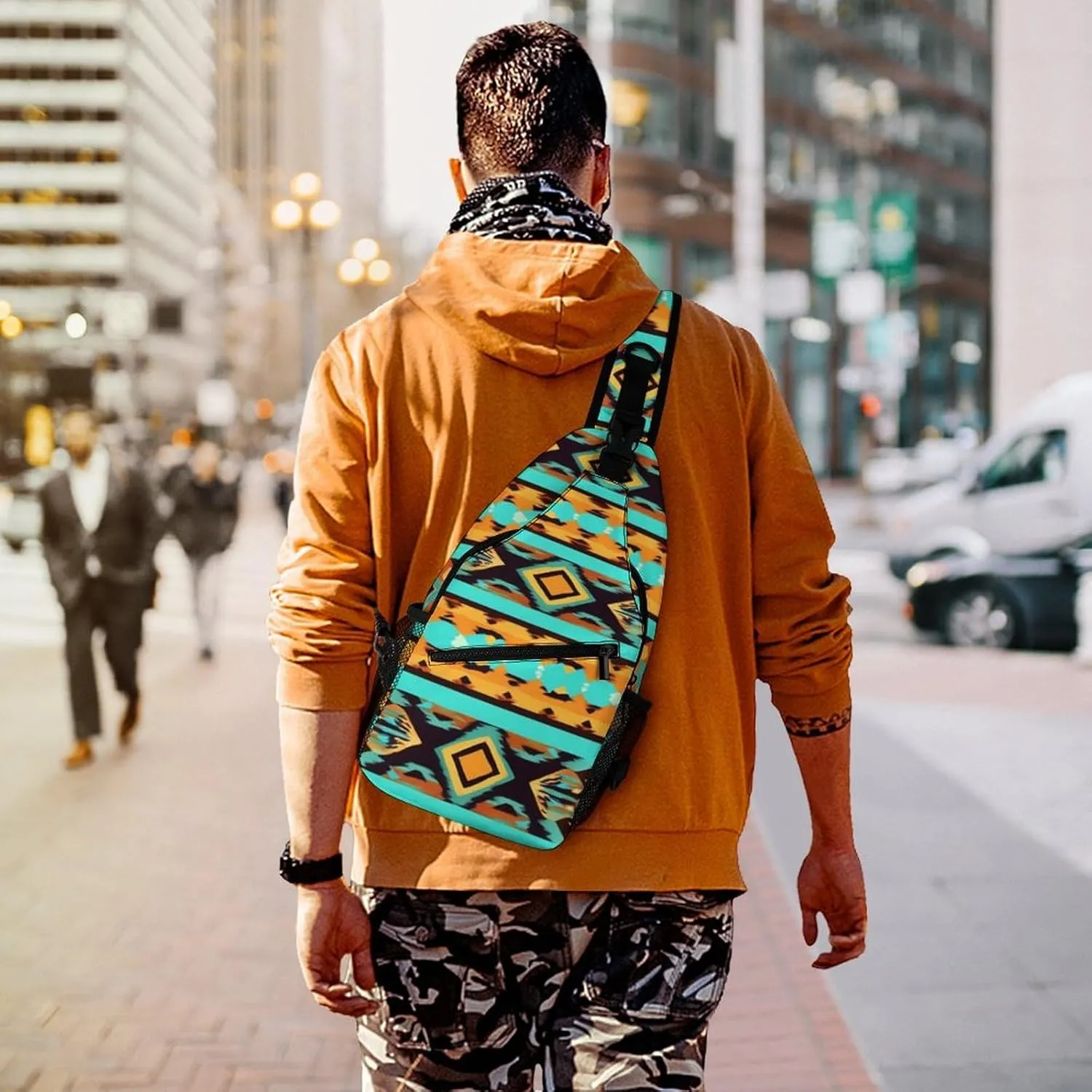 Casual Sling Bag Backpack, Daypack, Ethnic Aztec Turquoise Geometric Indiana Western Southwest Pattern Shoulder Chest Crossbody Bag, Tactical Satchel, Travel Backpack Camping Outdoor Bag for Men Women