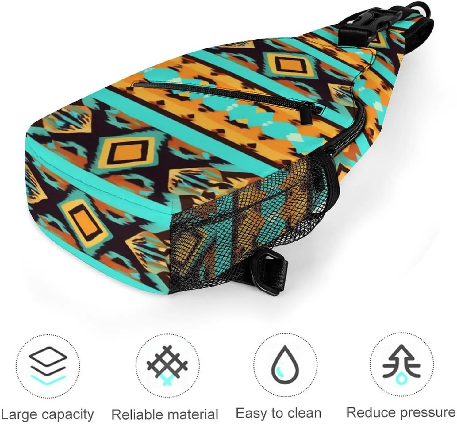 Casual Sling Bag Backpack, Daypack, Ethnic Aztec Turquoise Geometric Indiana Western Southwest Pattern Shoulder Chest Crossbody Bag, Tactical Satchel, Travel Backpack Camping Outdoor Bag for Men Women