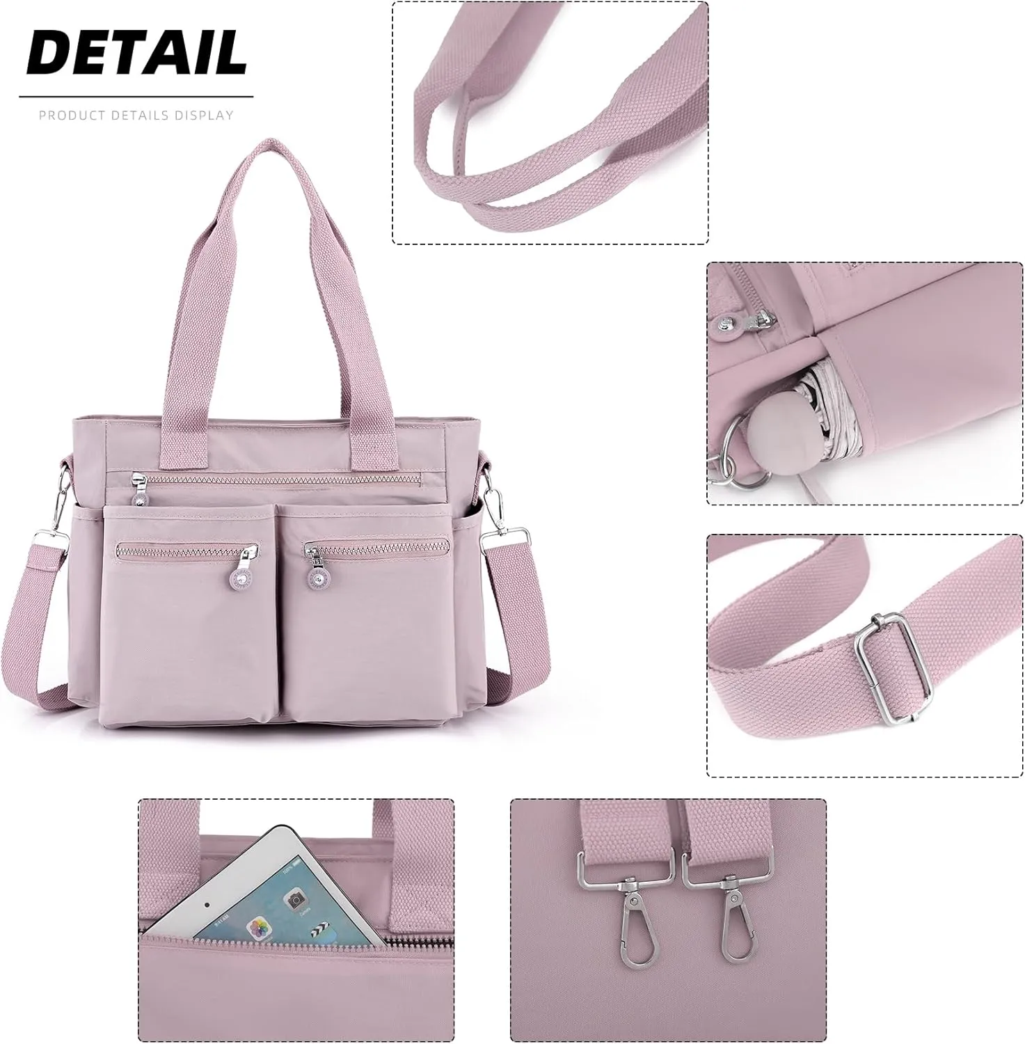 Casual Tote Bag for Women with Multiple Pockets Nylon Crossbody Shoulder Bag Everything Bag Handbag for Work Travel Out