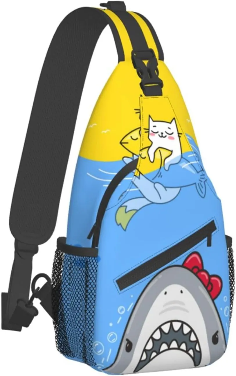 Cat Cute Sea Shark Sling Bag Crossbody Backpack for Women Men Hiking Travel Over the Shoulder Bag Pouch Small Daypack Casual One Strap Pack Lightweight Cross Chest Bag Purse Outdoor Cycling
