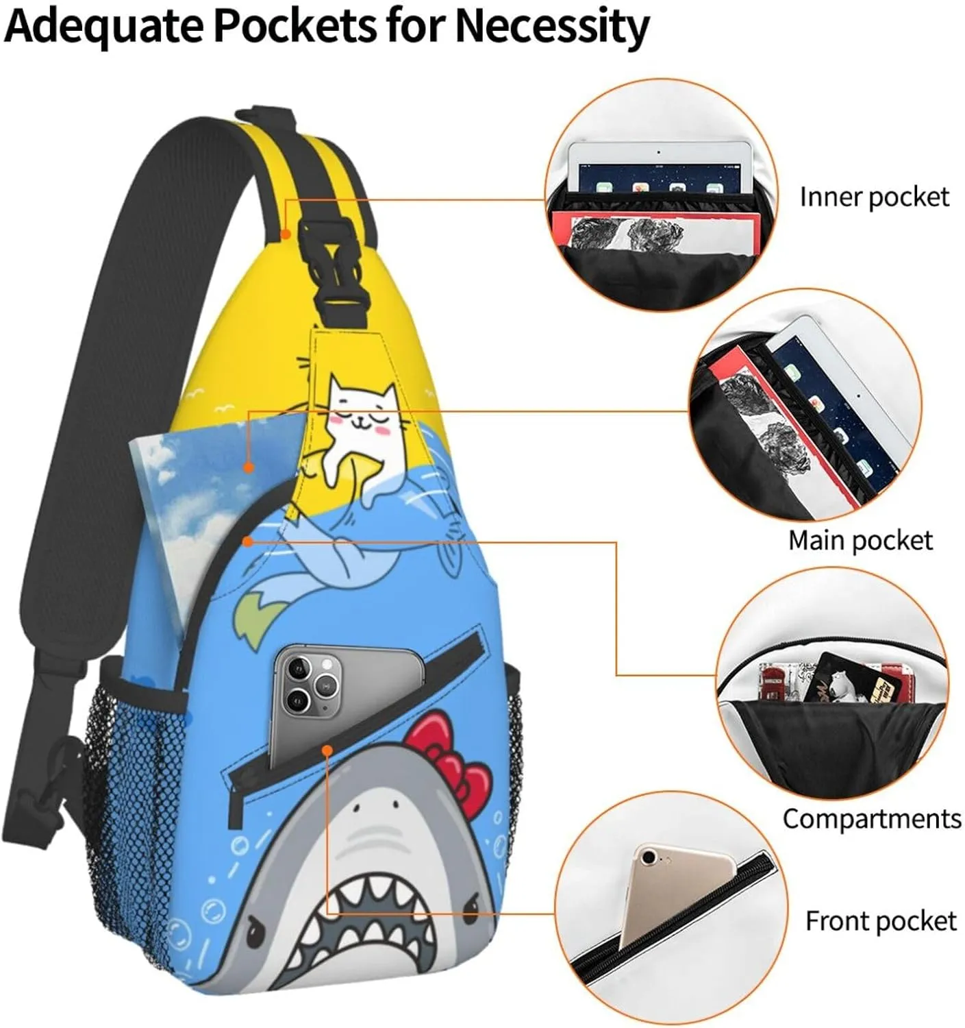 Cat Cute Sea Shark Sling Bag Crossbody Backpack for Women Men Hiking Travel Over the Shoulder Bag Pouch Small Daypack Casual One Strap Pack Lightweight Cross Chest Bag Purse Outdoor Cycling