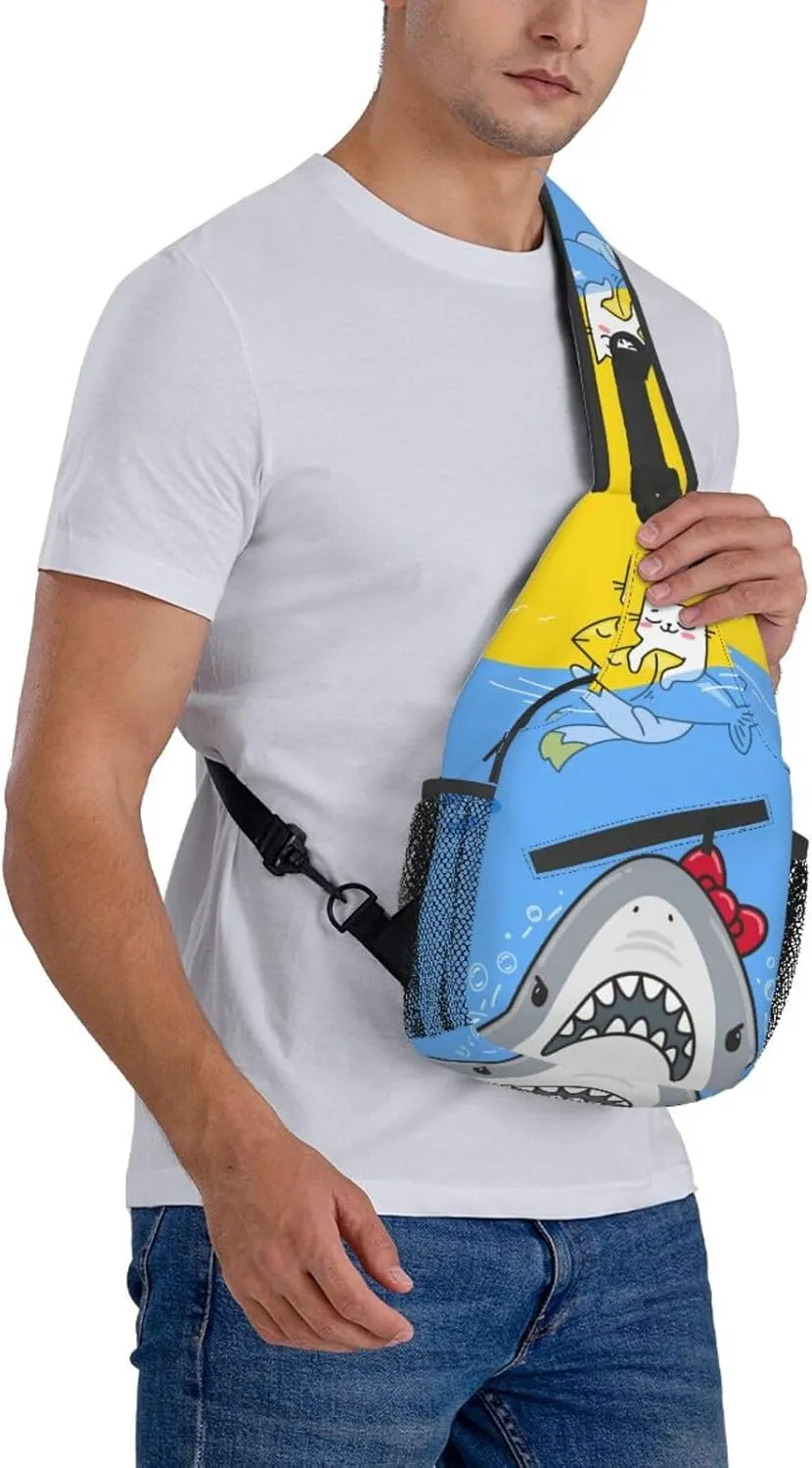 Cat Cute Sea Shark Sling Bag Crossbody Backpack for Women Men Hiking Travel Over the Shoulder Bag Pouch Small Daypack Casual One Strap Pack Lightweight Cross Chest Bag Purse Outdoor Cycling