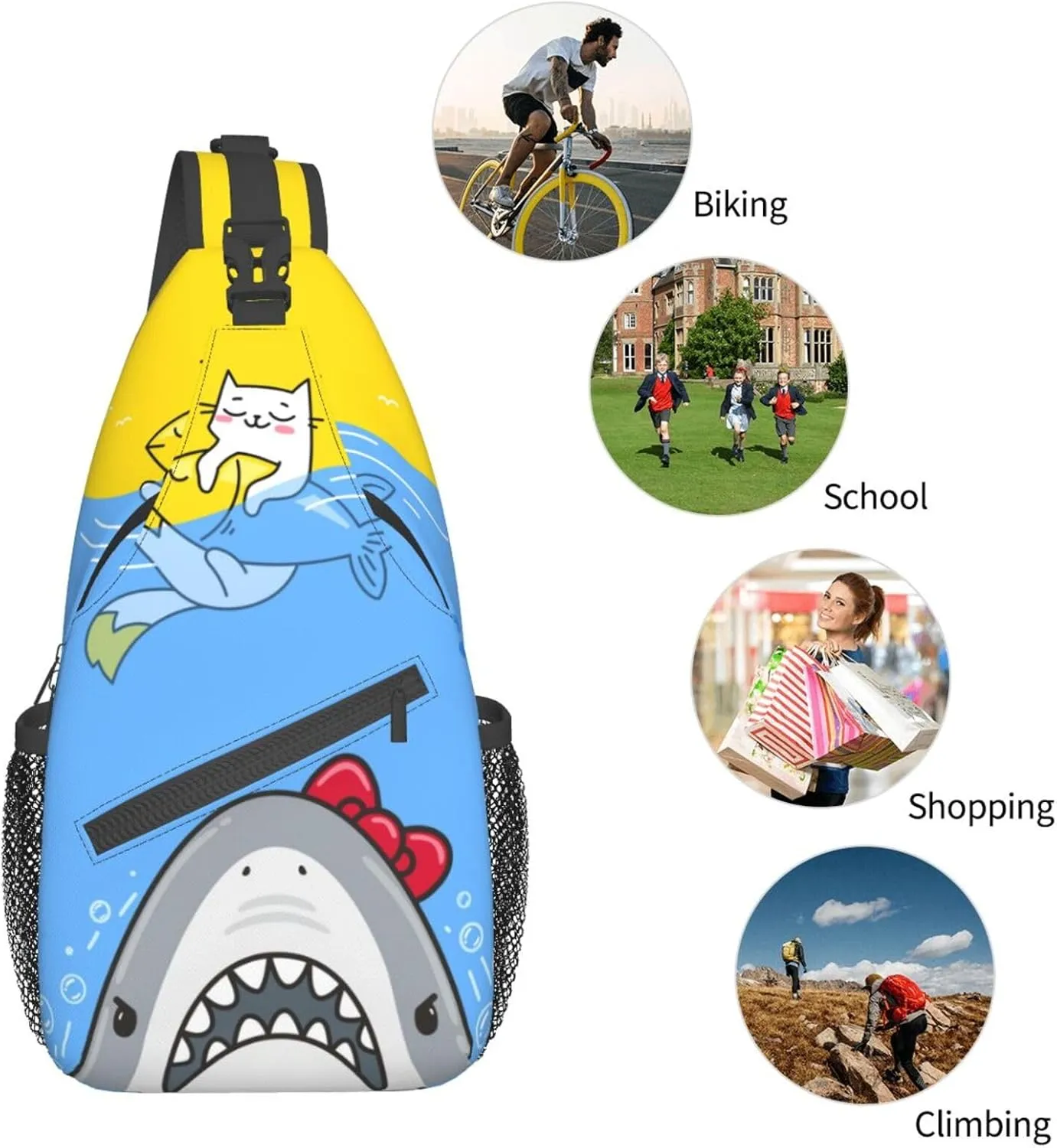 Cat Cute Sea Shark Sling Bag Crossbody Backpack for Women Men Hiking Travel Over the Shoulder Bag Pouch Small Daypack Casual One Strap Pack Lightweight Cross Chest Bag Purse Outdoor Cycling