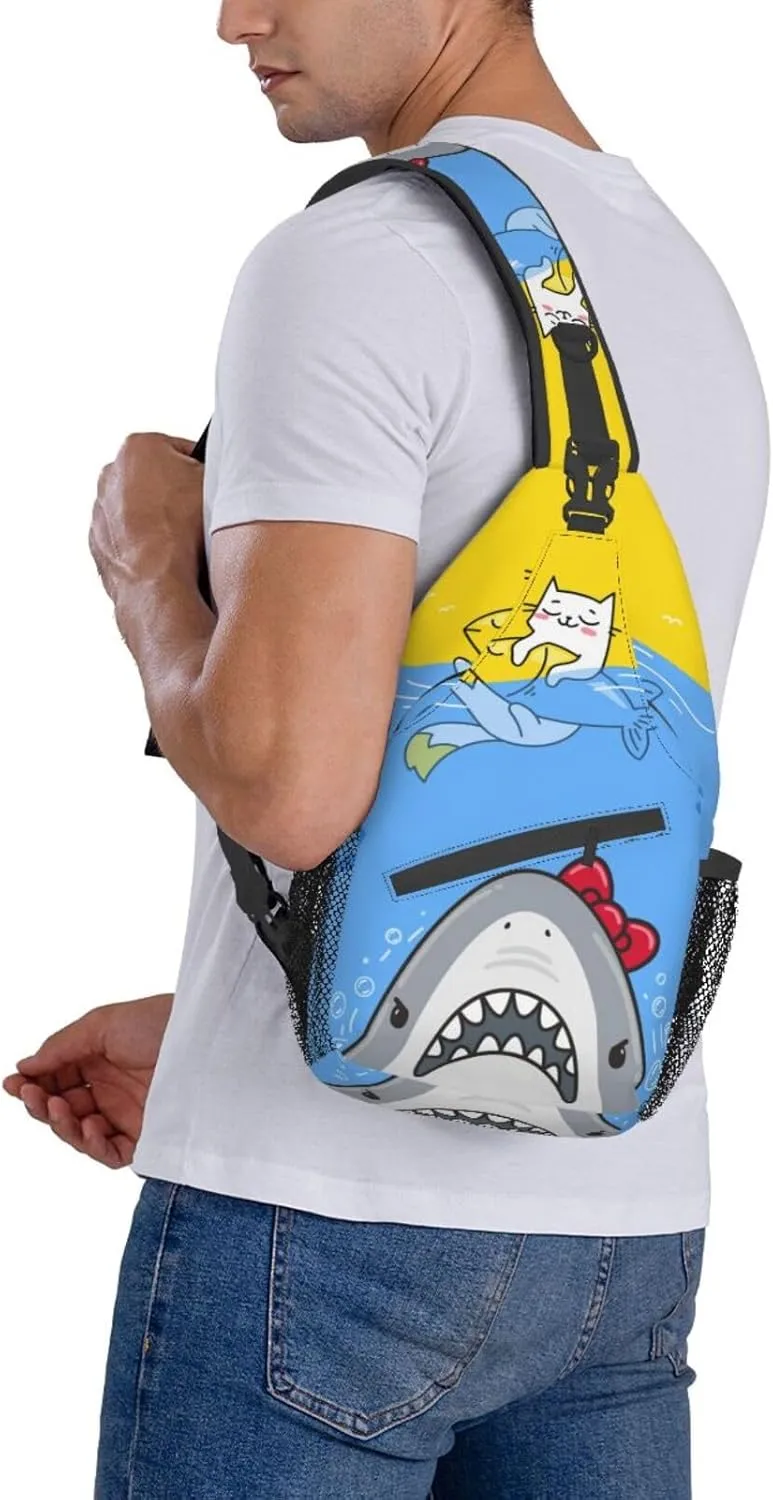 Cat Cute Sea Shark Sling Bag Crossbody Backpack for Women Men Hiking Travel Over the Shoulder Bag Pouch Small Daypack Casual One Strap Pack Lightweight Cross Chest Bag Purse Outdoor Cycling