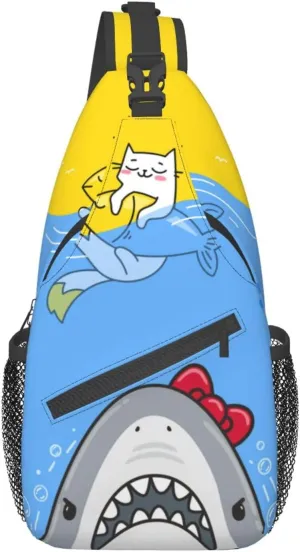Cat Cute Sea Shark Sling Bag Crossbody Backpack for Women Men Hiking Travel Over the Shoulder Bag Pouch Small Daypack Casual One Strap Pack Lightweight Cross Chest Bag Purse Outdoor Cycling