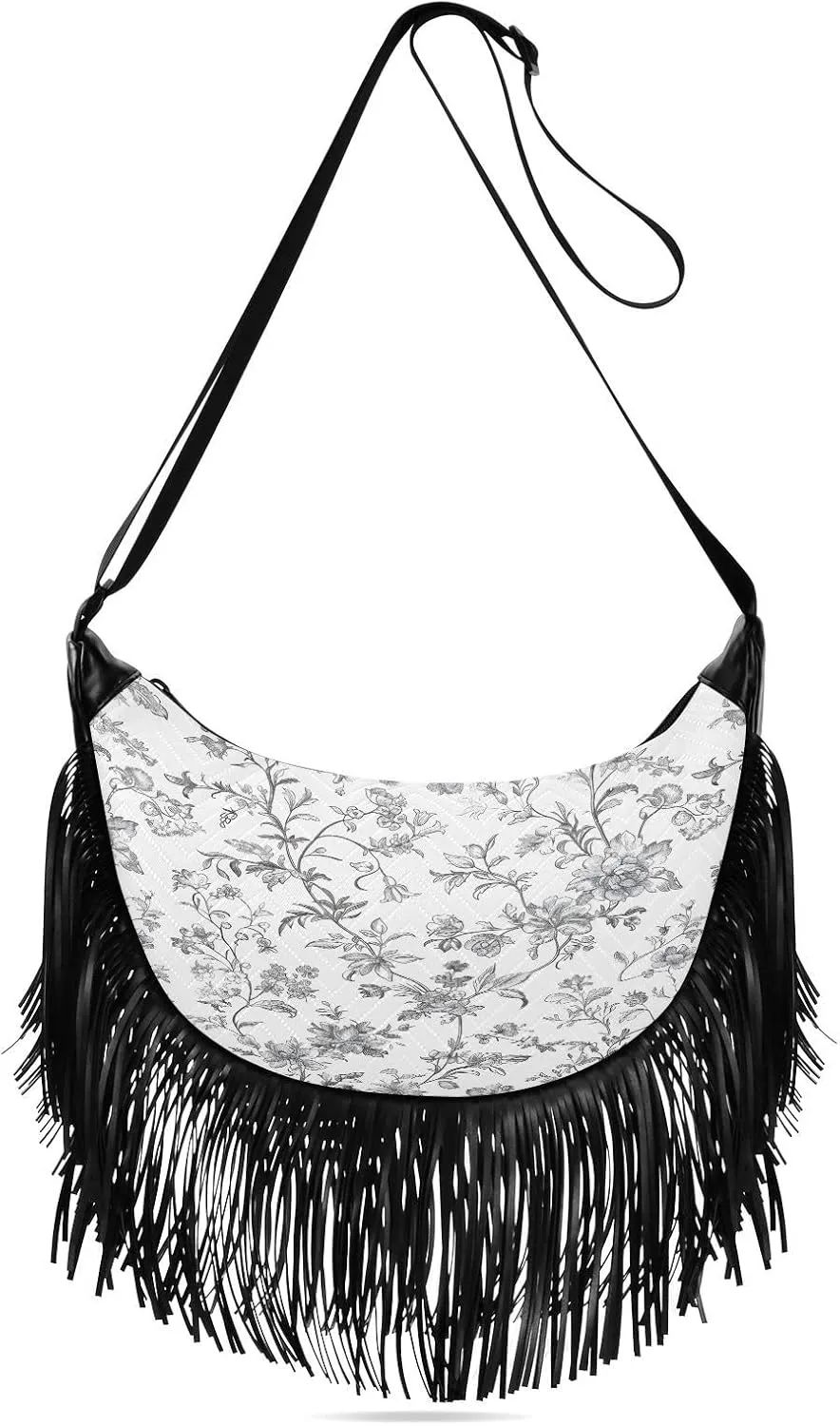 CEBUGI Women's Fringe Crossbody Tassel Purse Vintage Floral Hobo Shoulder Bags Crossbody Handbag with Adjustable Shoulder Straps