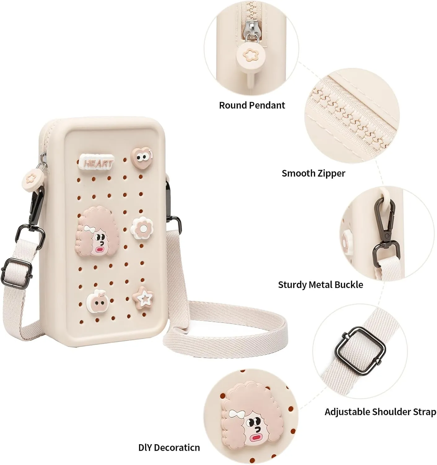 Cell Phone Purse Crossbody Bag for Women with Holes Design for Shoe Charms, Small Crossbody Phone Bag with Adjustable Strap, Soft Silicone Durable & Lightweight for Daily Use