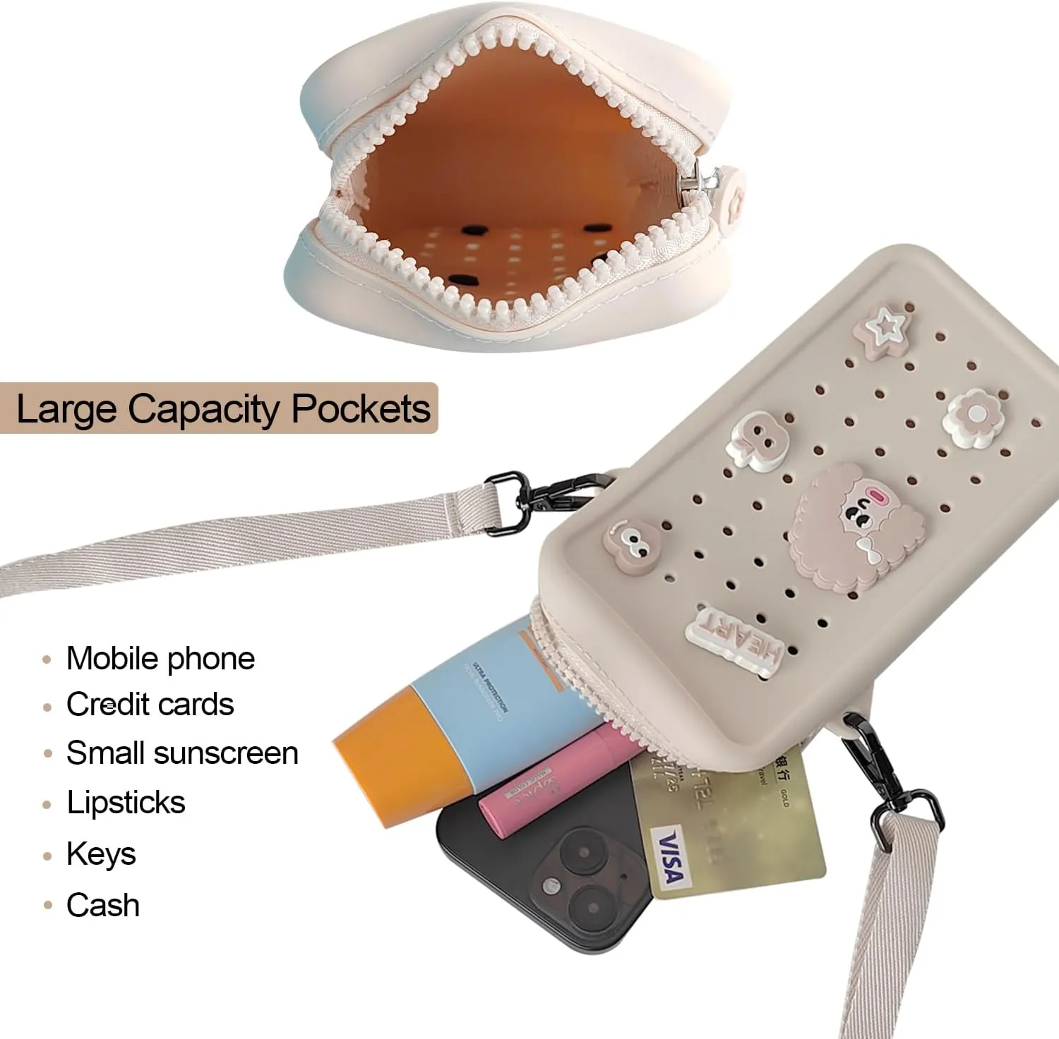 Cell Phone Purse Crossbody Bag for Women with Holes Design for Shoe Charms, Small Crossbody Phone Bag with Adjustable Strap, Soft Silicone Durable & Lightweight for Daily Use