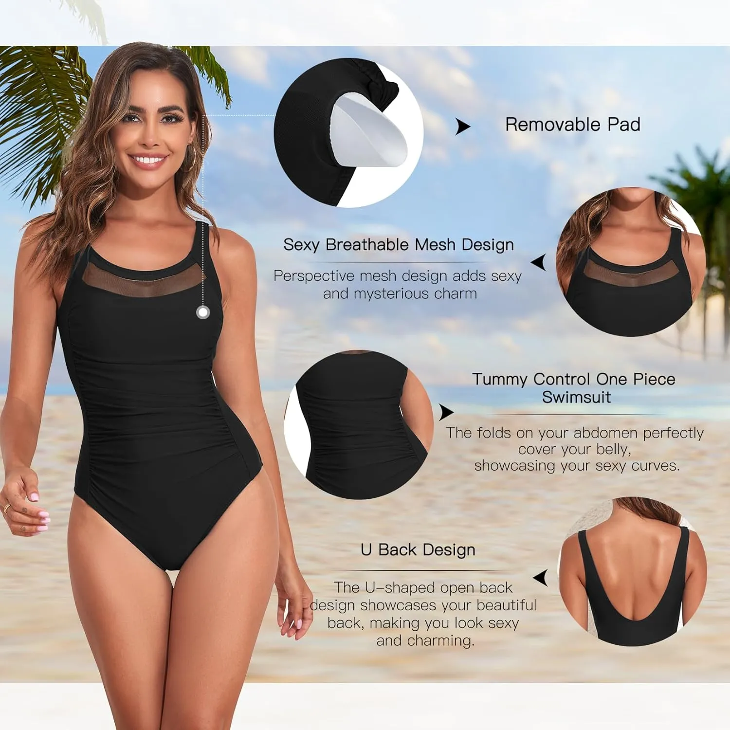 Century Star One Piece Swimsuit Women Tummy Control Vintage Swimsuits Mesh U Back Modest Swimwear