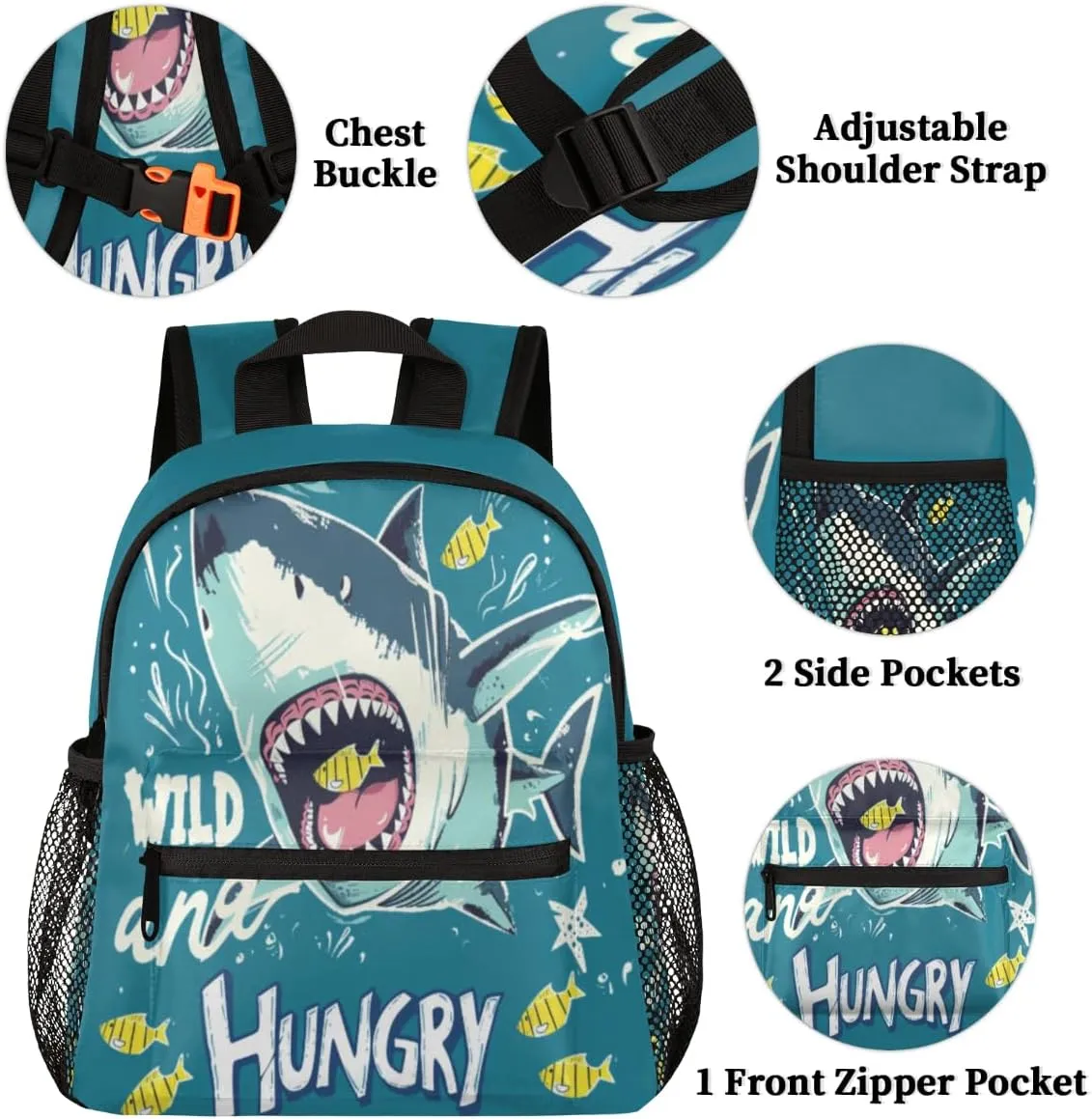 cfpolar Ocean Hungry Shark Kids Backpacks for Boys Girls, Cute Toddler Backpack Preschool Kindergarten Elementary School Backpack Lightweight Mini Shoulder Bookbag Casual Daypack with Chest Strap