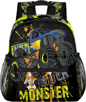 cfpolar Yellow Monster Trucks Car Kids Backpacks for Boys, Cute Toddler Backpack Preschool Kindergarten Elementary School Backpack Lightweight Mini Shoulder Bookbag Casual Daypack with Chest Strap