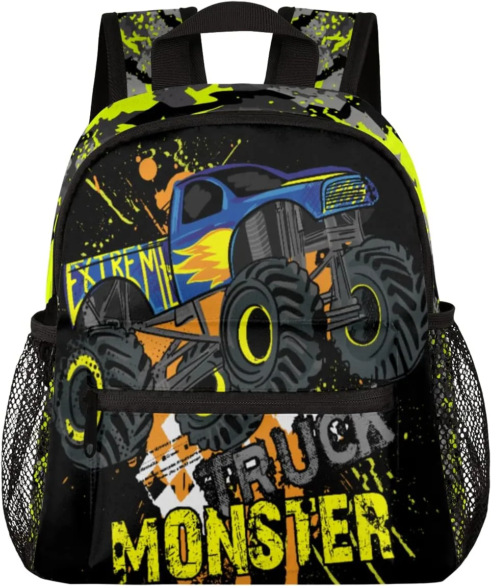 cfpolar Yellow Monster Trucks Car Kids Backpacks for Boys, Cute Toddler Backpack Preschool Kindergarten Elementary School Backpack Lightweight Mini Shoulder Bookbag Casual Daypack with Chest Strap