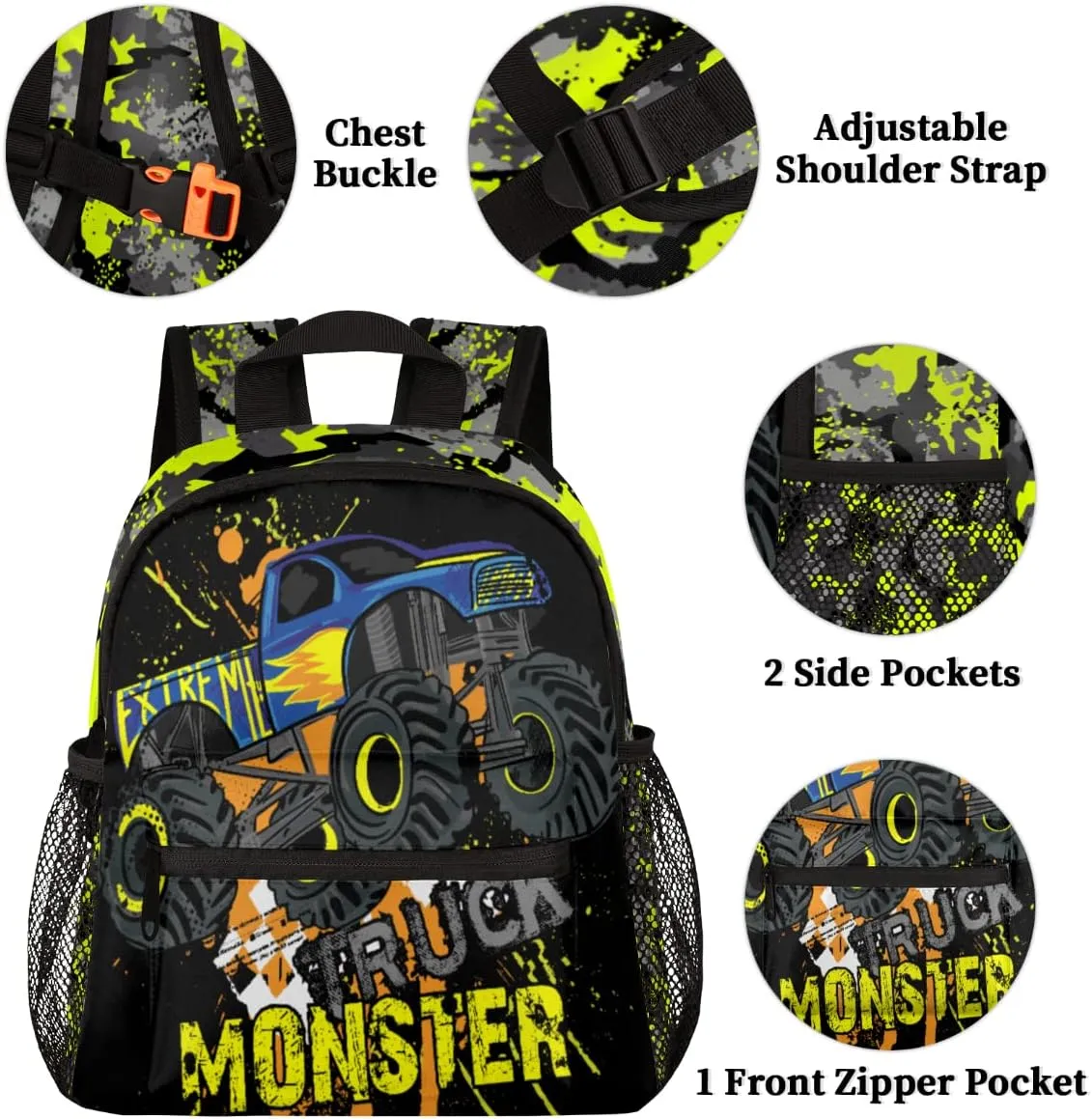 cfpolar Yellow Monster Trucks Car Kids Backpacks for Boys, Cute Toddler Backpack Preschool Kindergarten Elementary School Backpack Lightweight Mini Shoulder Bookbag Casual Daypack with Chest Strap