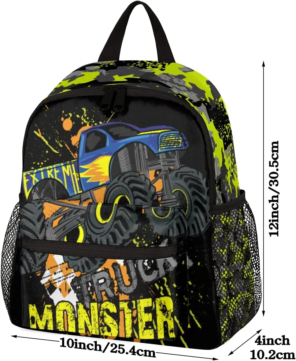 cfpolar Yellow Monster Trucks Car Kids Backpacks for Boys, Cute Toddler Backpack Preschool Kindergarten Elementary School Backpack Lightweight Mini Shoulder Bookbag Casual Daypack with Chest Strap