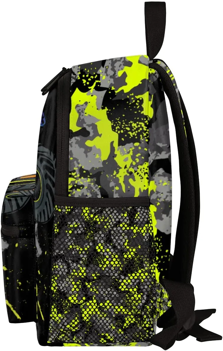cfpolar Yellow Monster Trucks Car Kids Backpacks for Boys, Cute Toddler Backpack Preschool Kindergarten Elementary School Backpack Lightweight Mini Shoulder Bookbag Casual Daypack with Chest Strap