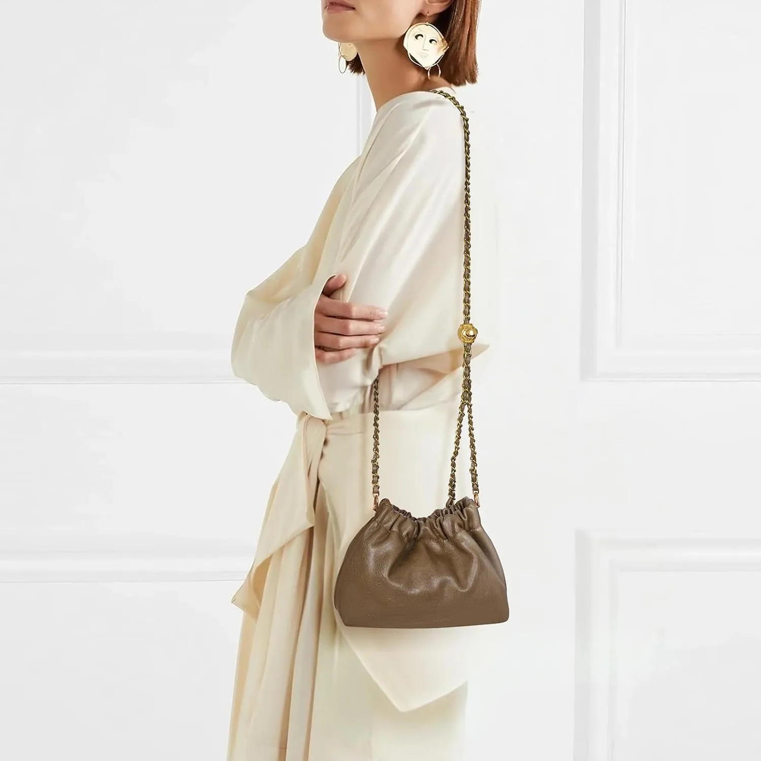 Chain Strap Genuine Leather Hobo Bag - Convertible Shoulder & Crossbody Purse