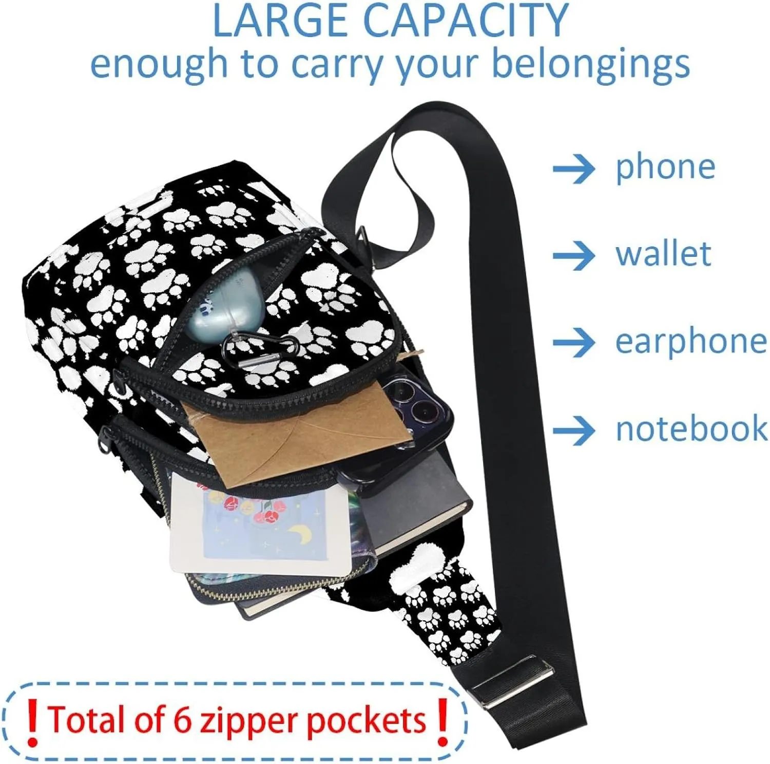 chalk dog paw print Sling Bag for Women Men Backpack Fanny Pack Crossbody Chest Travel Shoulder Belt Bags Purse Handbag
