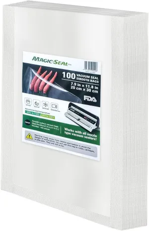 Chamber Machine Vacuum Pouches, MAGIC SEAL Vacuum Sealer Smooth Flat Bags, Size 8" x 12", Pack of 100 Pre-Cut - NOT Compatible with FoodSaver Type Vacuum Sealers, BPA Free