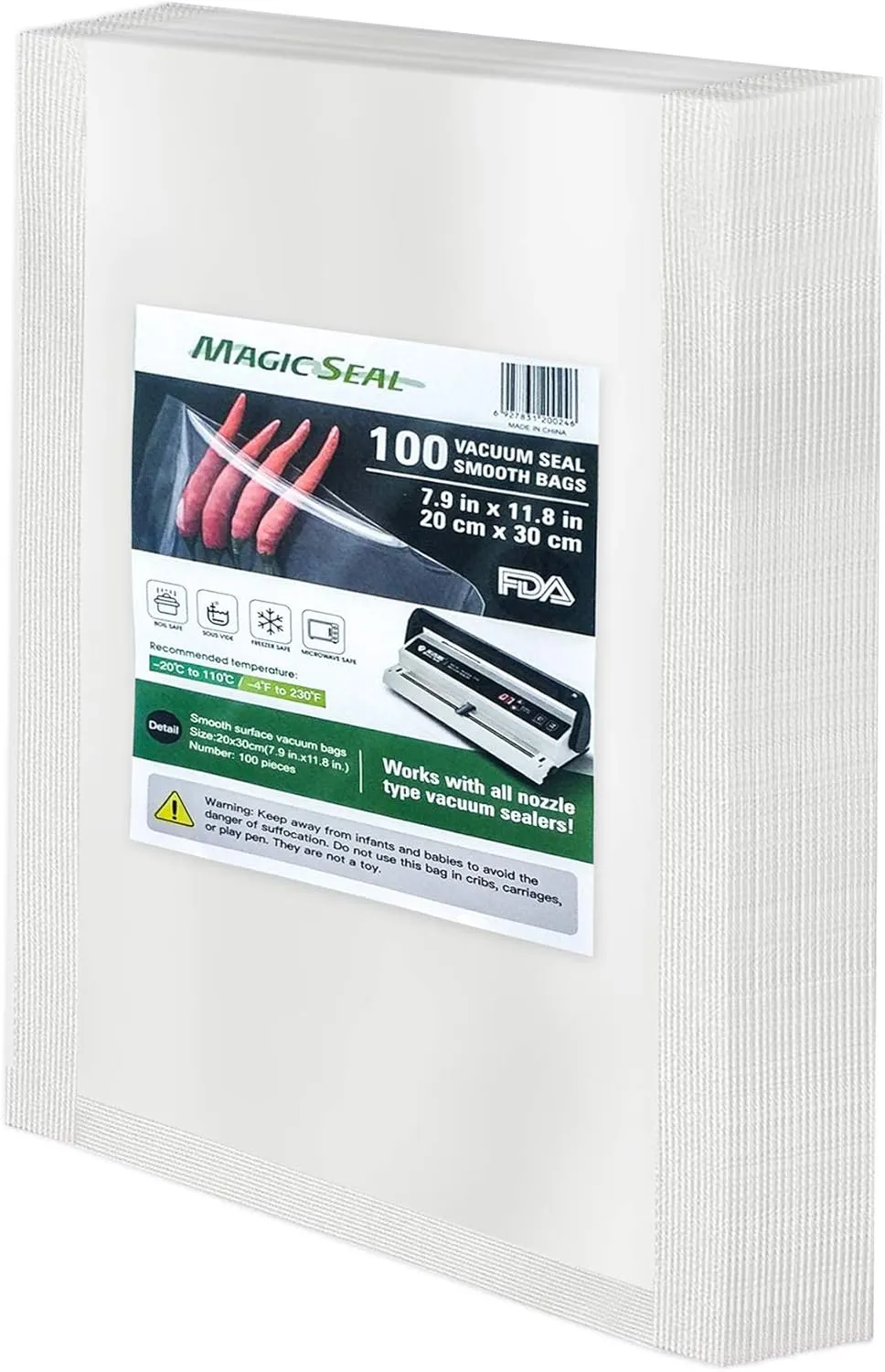 Chamber Machine Vacuum Pouches, MAGIC SEAL Vacuum Sealer Smooth Flat Bags, Size 8" x 12", Pack of 100 Pre-Cut - NOT Compatible with FoodSaver Type Vacuum Sealers, BPA Free