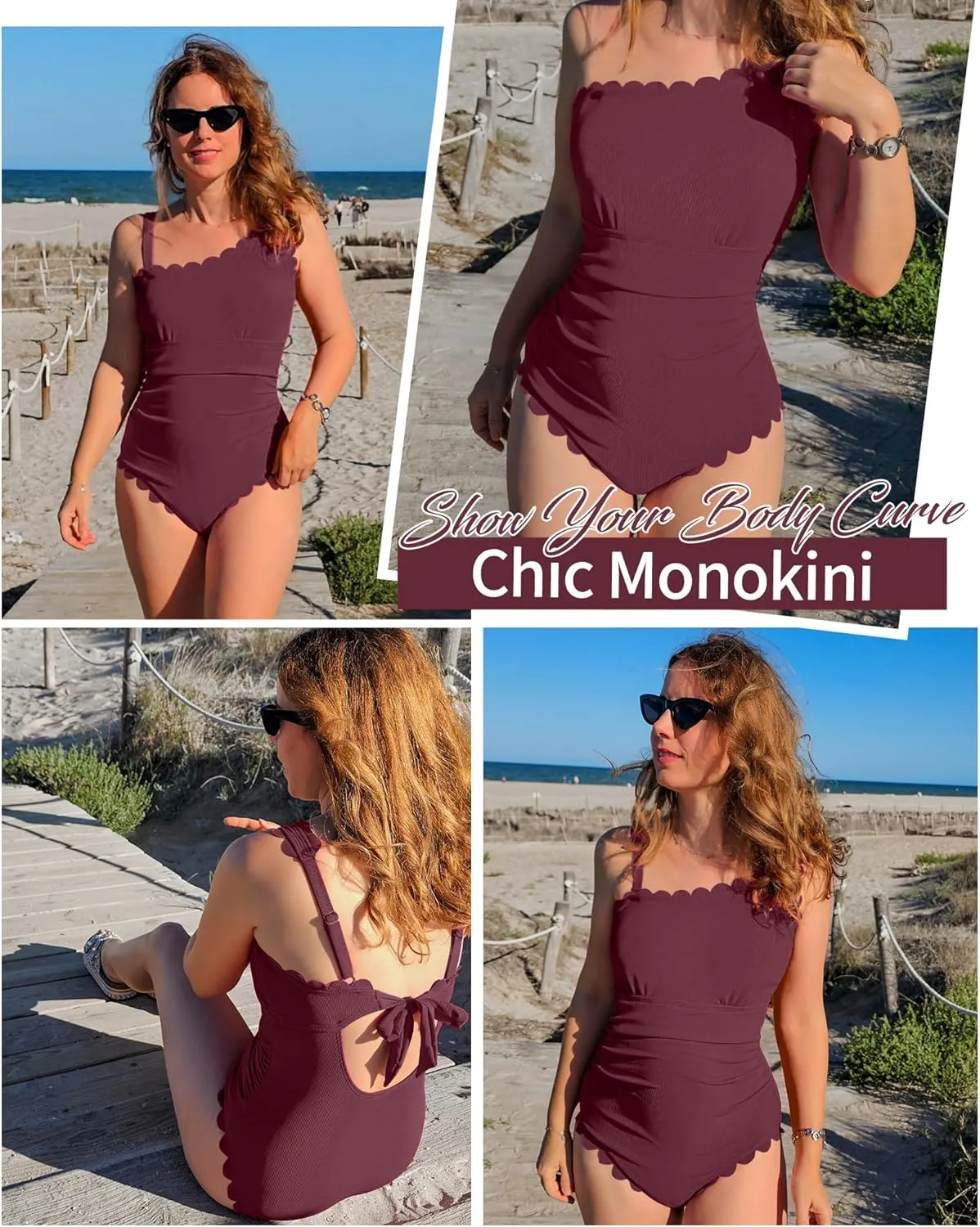 Charmo One Shoulder One Piece Swimsuit Women Ribbed Scalloped Bathing Suit Cutout 1 Piece Slimming Full Coverage Swim Suit