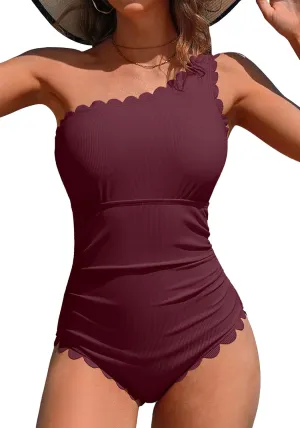 Charmo One Shoulder One Piece Swimsuit Women Ribbed Scalloped Bathing Suit Cutout 1 Piece Slimming Full Coverage Swim Suit