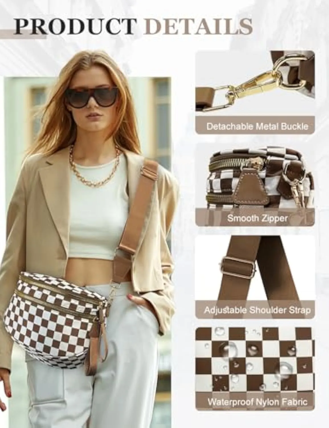 Checkered Bum Bag Crossbody, Black and White Checkered Crossbody Bag, Fanny Pack for Women with Adjustable Strap (E)