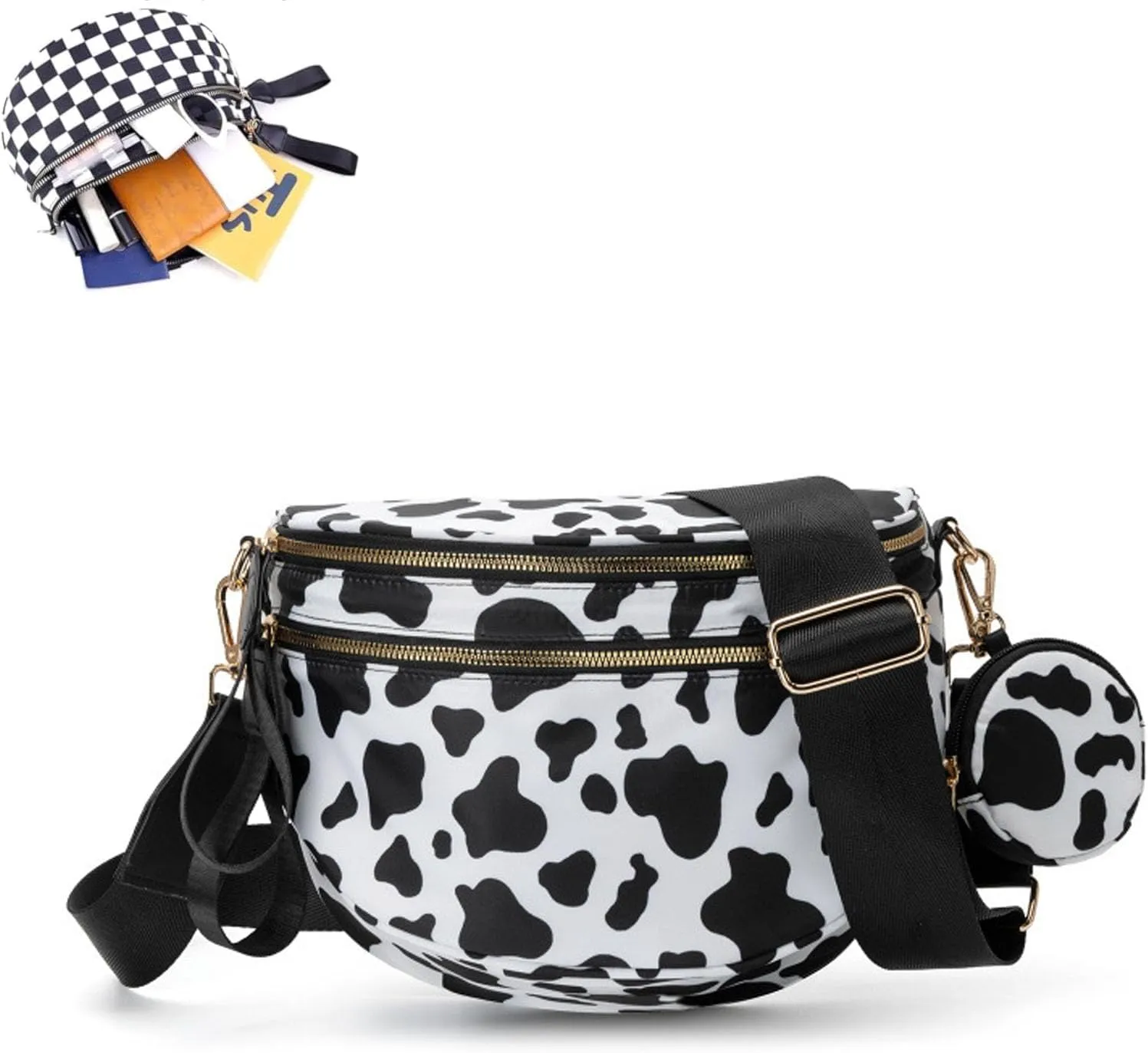 Checkered Bum Bag Crossbody, Black and White Checkered Crossbody Bag, Fanny Pack for Women with Adjustable Strap (E)