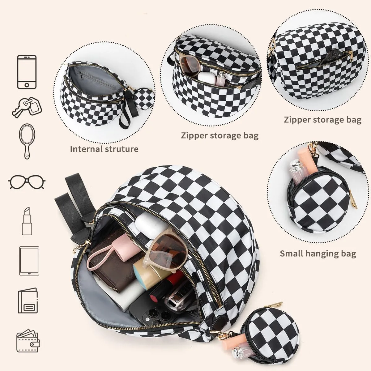 Checkered Bum Bag Crossbody, Black and White Checkered Crossbody Bag, Fanny Pack for Women with Adjustable Strap (E)