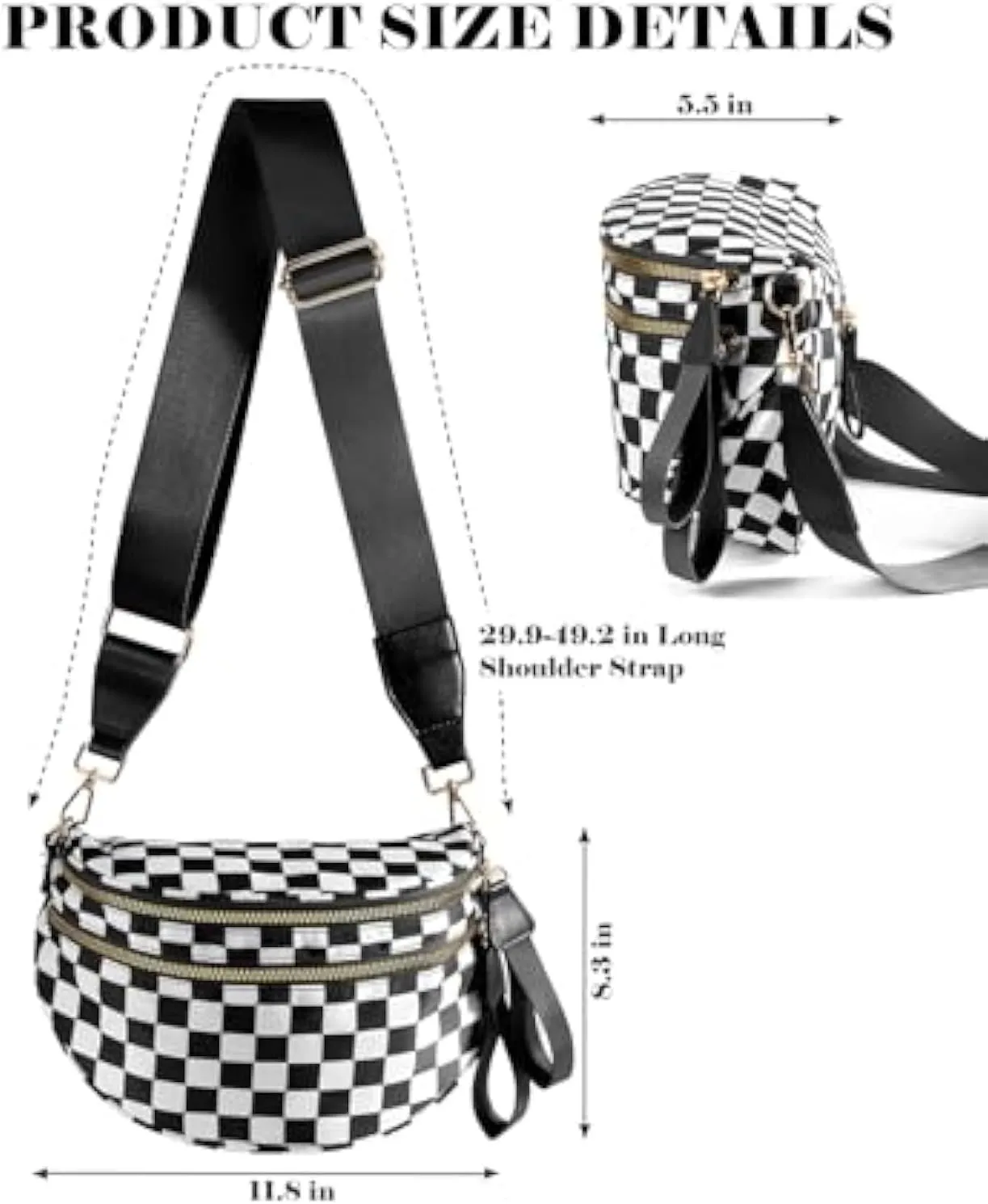 Checkered Bum Bag Crossbody, Black and White Checkered Crossbody Bag, Fanny Pack for Women with Adjustable Strap (E)