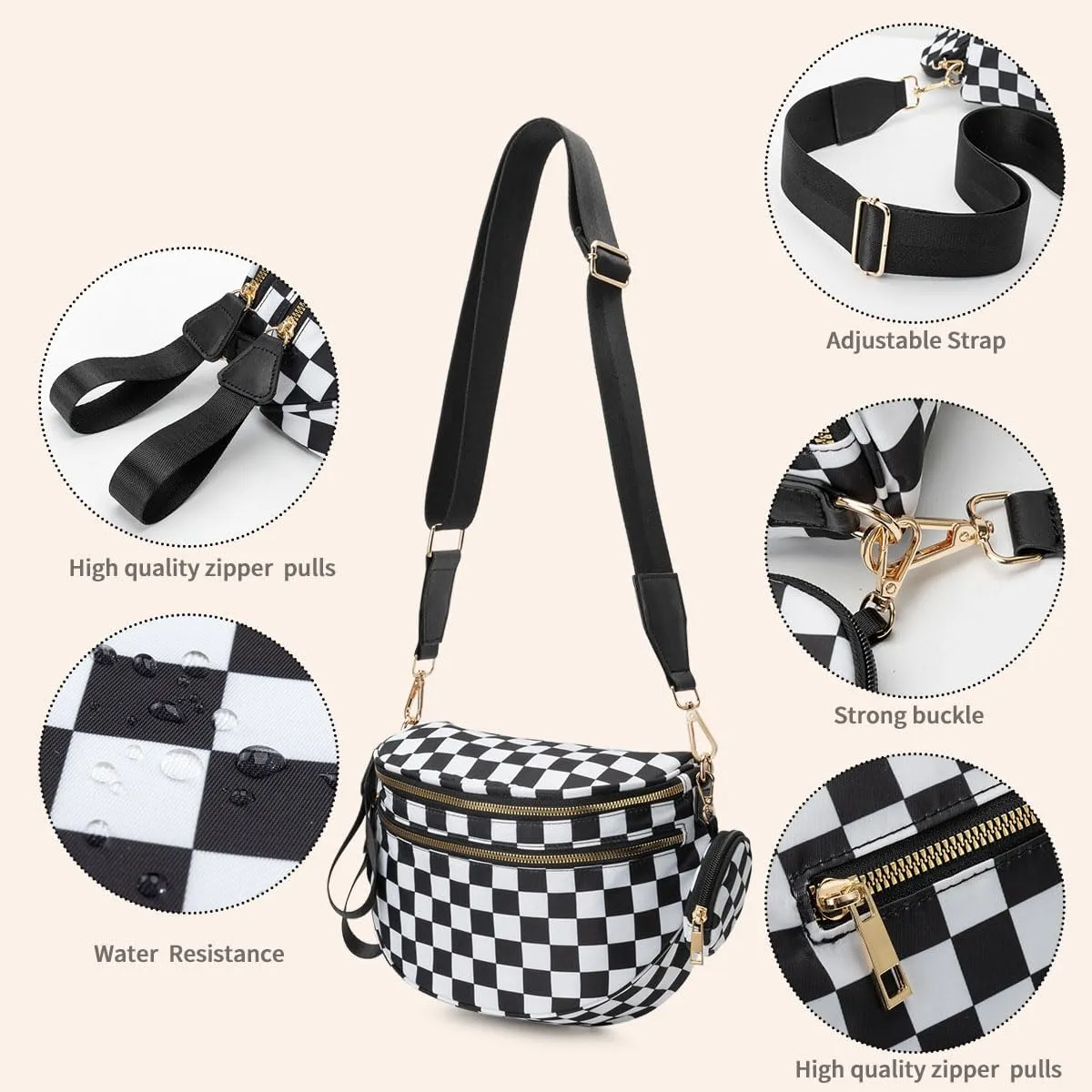 Checkered Bum Bag Crossbody, Black and White Checkered Crossbody Bag, Fanny Pack for Women with Adjustable Strap (E)