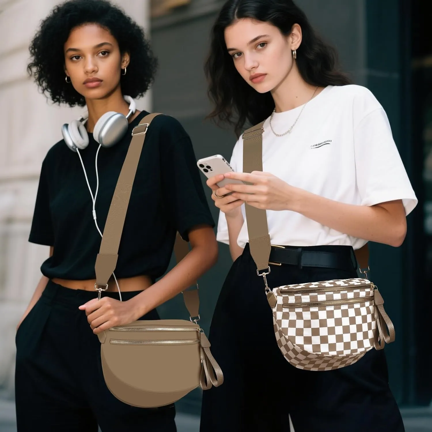 Checkered Crossbody Bag Bum Bags for Women Large Nylon Checkered Purse Fanny Packs Sling Bag, Bonus with a Extra Strap