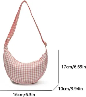 Checkered Nylon Crescent Casual Crossbody Purse for Women Lightweight Sling Bag Travel Dumpling Shoulder Bag with Adj