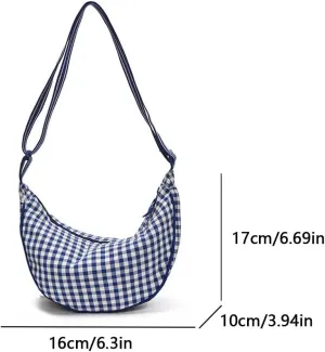 Checkered Nylon Crescent Casual Crossbody Purse for Women Lightweight Sling Bag Travel Dumpling Shoulder Bag with Adj