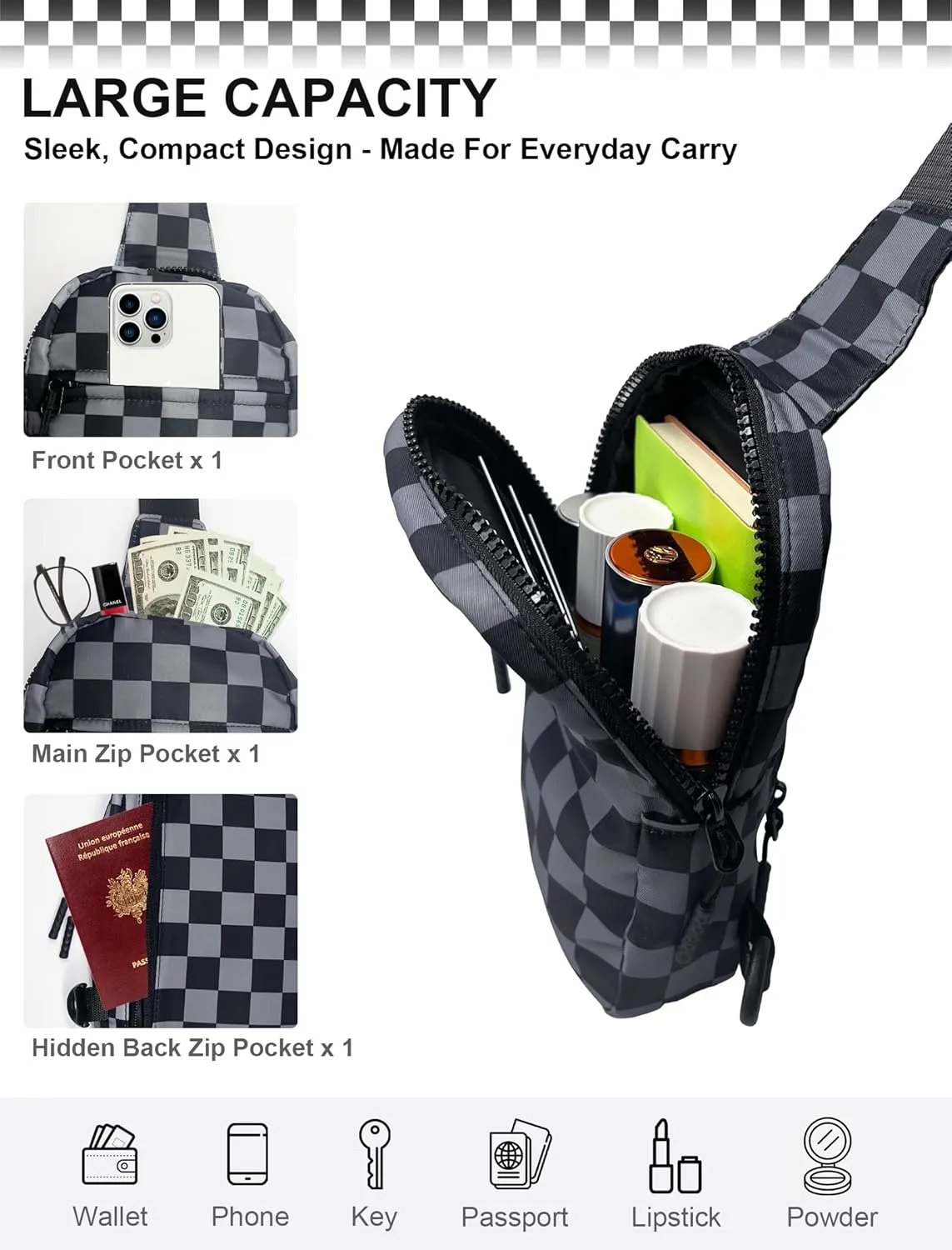 Checkered Sling Bag for Women, Spacious Checkered Crossbody Bag Shoulder Bag Purse with Adjustable Strap, Travel