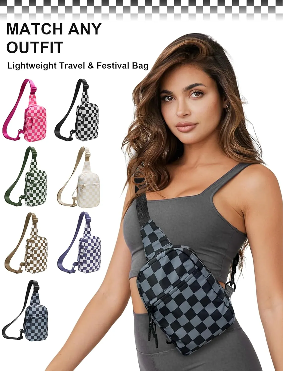 Checkered Sling Bag for Women, Spacious Checkered Crossbody Bag Shoulder Bag Purse with Adjustable Strap, Travel