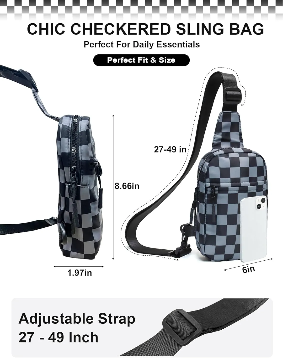 Checkered Sling Bag for Women, Spacious Checkered Crossbody Bag Shoulder Bag Purse with Adjustable Strap, Travel