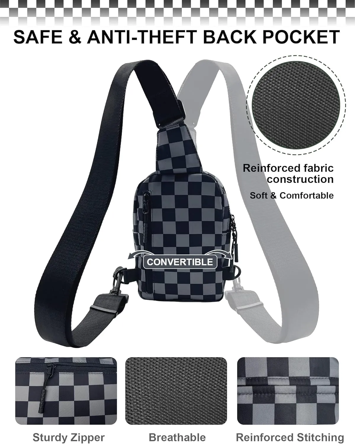 Checkered Sling Bag for Women, Spacious Checkered Crossbody Bag Shoulder Bag Purse with Adjustable Strap, Travel
