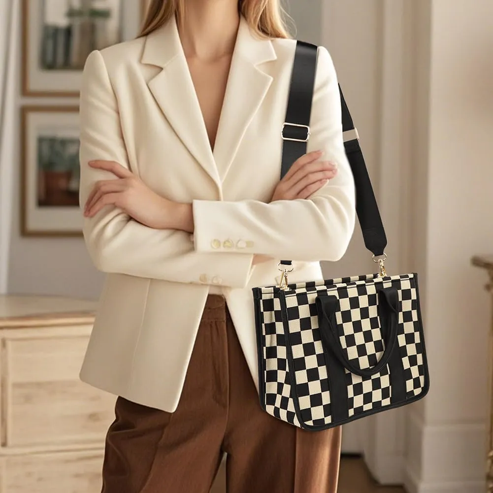 Checkered Tote Bag for Women - Plaid Handbag Checkerboard Crossbody Shoulder Bag Trendy Checkered Work Tote Purse