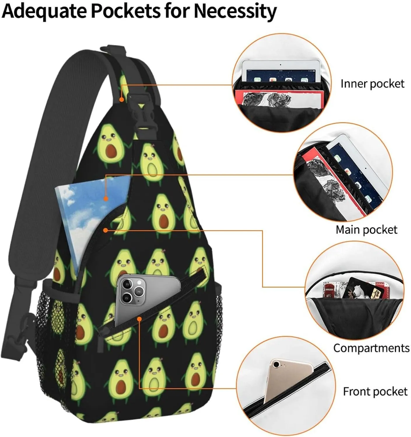 Chest Bag for Men Women for Cute Avocado Lovers Sling Shoulder Backpack Large Capacity Crossbody with Adjustable Shoulder Strap