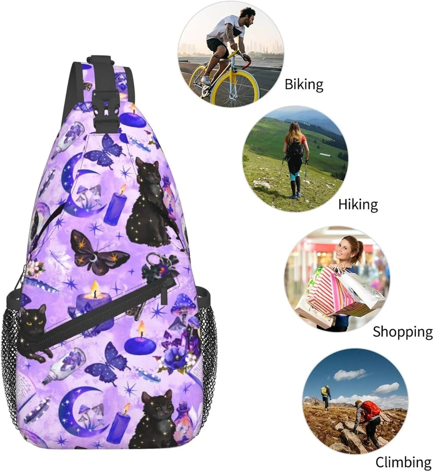 Chest Bag for Men Women for Witchy Witch Goth Black Cat Mushroom Sling Shoulder Backpack Large Capacity Crossbody with Adjustable Shoulder Strap