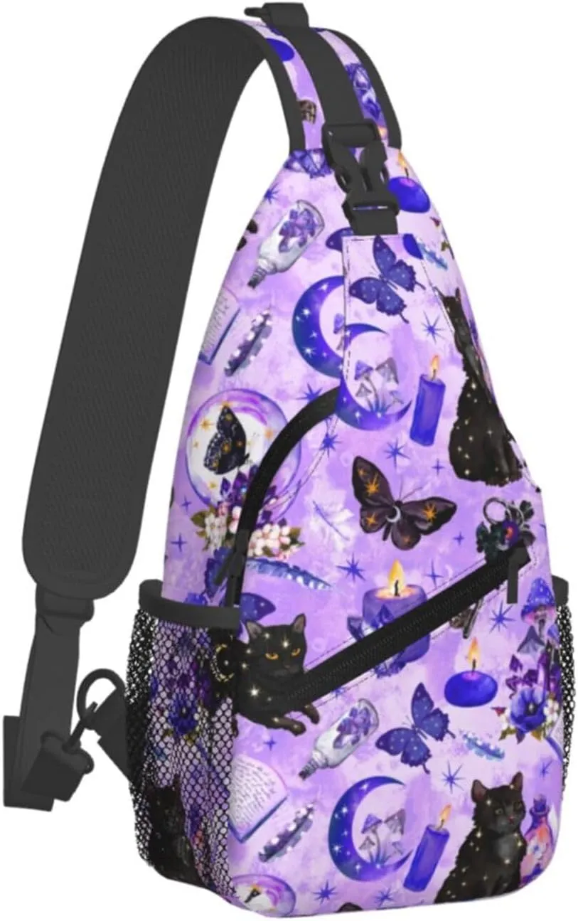 Chest Bag for Men Women for Witchy Witch Goth Black Cat Mushroom Sling Shoulder Backpack Large Capacity Crossbody with Adjustable Shoulder Strap